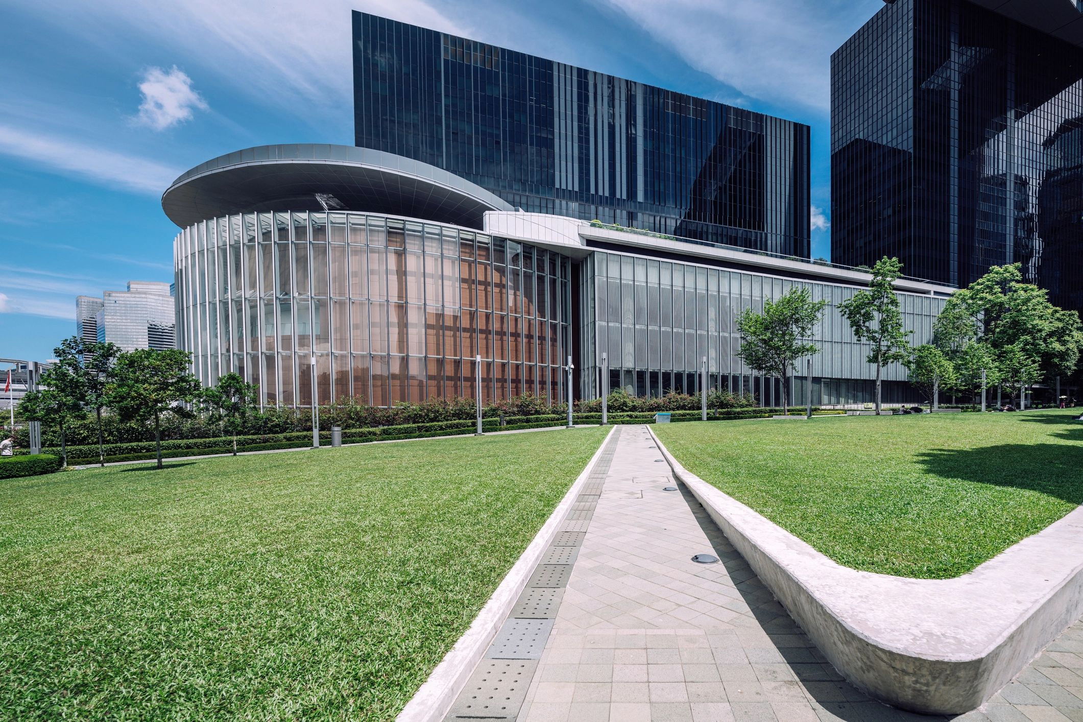 Modern commercial waterfront district with contemporary architecture